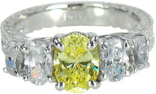 Mariposa 1 carat oval center canary lab grown diamond simulant cubic zirconia antique estate style ring in 14k gold and platinum.