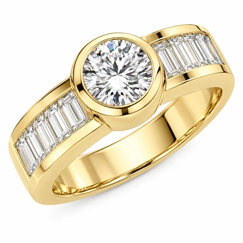 Lola 1 carat round bezel set lab grown diamond simulant cubic zirconia engagement ring with channel rounds in 14k yellow gold.