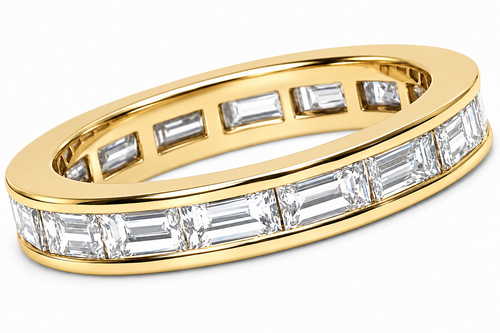 Horizontal channel set lab grown diamond simulant cubic zirconia straight baguette eternity band in 14k yellow gold.