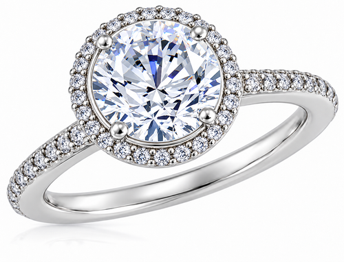 Hamilton 4 Carat Round Laboratory Grown Diamond look alternative Cubic Zirconia Micro Pave Set Halo Eternity Engagement Ring in 14k or 18k white gold or platinum.