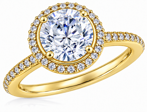 Hamilton 3 Carat Round Lab Grown Diamond Simulant Cubic Zirconia Micro Pave Set Halo Eternity Engagement Ring in 14k or 18k yellow gold.