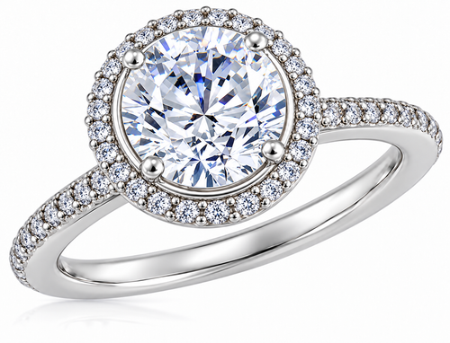 Hamilton 3 Carat Round Lab Grown Diamond Look Alternative Cubic Zirconia Micro Pave Set Halo Eternity Engagement Ring in 14k or 18k white gold, or platinum.
