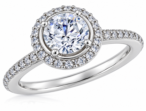 Hamilton 1 Carat Round Lab Grown Diamond Look Alternative Cubic Zirconia Micro Pave Set Halo Eternity Engagement Ring in 14k white gold.