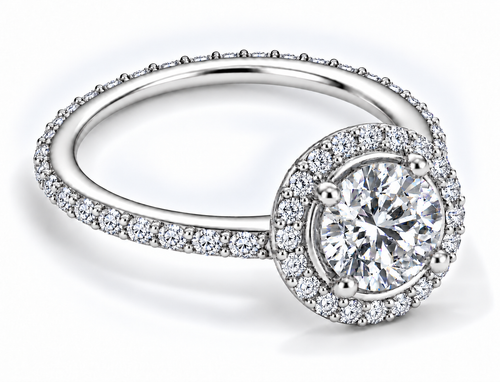 Hamilton 1 Carat Round Lab Grown Diamond Simulant Cubic Zirconia Micro Pave Set Halo Eternity Engagement Ring in 18k white gold or platinum.