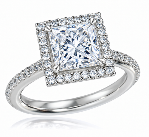 Hamilton 2.5 Carat Princess Cut Lab Grown Diamond look Alternative Cubic Zirconia Micro Pave Set Halo Eternity Engagement Ring in 14k or 18k white gold.
