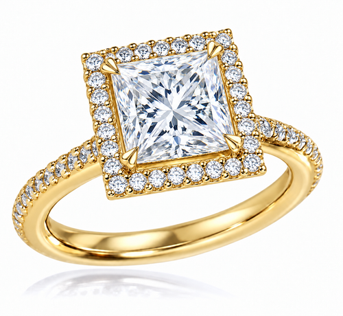 Hamilton 2.5 Carat Princess Cut Lab Grown Diamond Simulant Cubic Zirconia Micro Pave Set Halo Eternity Engagement Ring in 14k yellow gold.
