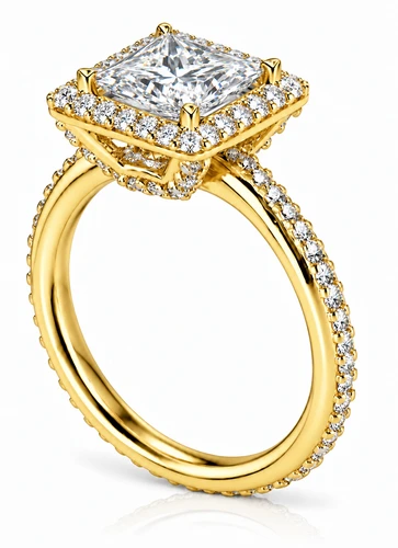 Hamilton 1.5 Carat Princess Cut Lab Grown Diamond look Alternative Cubic Zirconia Micro Pave Set Halo Eternity Engagement Ring in 18k yellow gold.