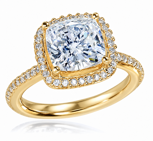 Hamilton 24 Carat Cushion Cut Square Laboratory Grown Diamond Look alternative Cubic Zirconia Micro Pave Set Round Halo in 14k yellow gold.