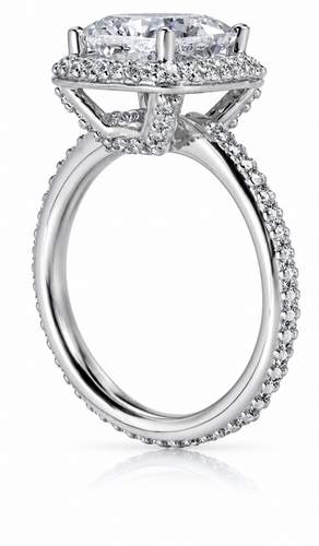 Hamilton 2.5 Carat Cushion Cut Square Lab Grown Diamond Simulant Cubic Zirconia Micro Pave Set Round Halo Eternity Engagement Ring in 18k white gold.