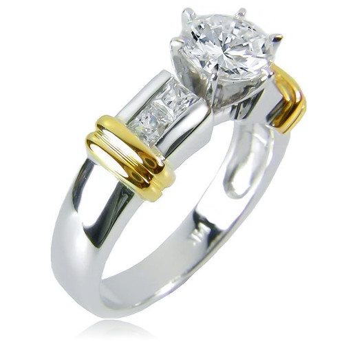 Round 2 Carat Channel Set Princess Cut Solitaire with lab grown diamond look cubic zirconia in 14k two tone gold.