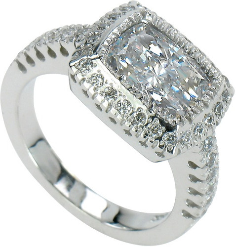 Gervase 2.5 carat elongated cushion cut laboratory grown diamond alternative cubic zirconia pave set halo engagement ring in 14k white gold.