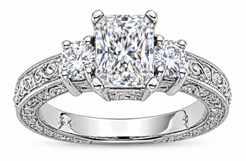 Emro 1.5 carat emerald cut lab grown diamond look quality cubic zirconia three stone antique estate ring in platinum.