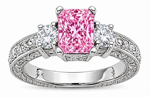 Emro 1.5 carat emerald cut lab grown pink diamond look alternative cubic zirconia three stone antique estate ring in 14k white gold.