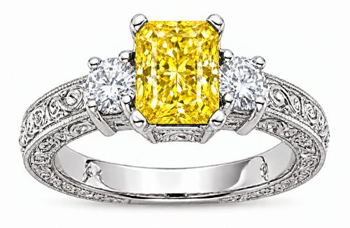 Emro 1.5 carat emerald cut lab grown canary diamond look alternative cubic zirconia three stone antique estate ring in 14k white gold.