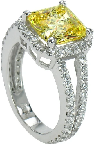 Carlton 4 carat princess cut laboratory grown diamond look cubic zirconia pave set halo split shank engagement ring in platinum.