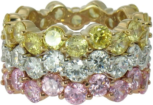 Cosenza round lab grown diamond alternative cubic zirconia three ring stacking set in 14k white gold, 14k yellow gold and 14k rose gold.