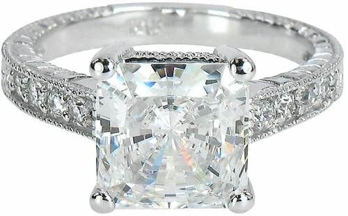 Tiburon 2.5 carat princess cut lab grown diamond alternative cubic zirconia engraved pave engagement ring 14k white gold.