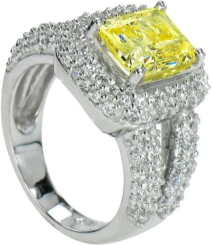 Emerald radiant cut 2.5 carat lab grown diamond simulant cubic zirconia pave set halo split shank engagement ring in 14k white gold.