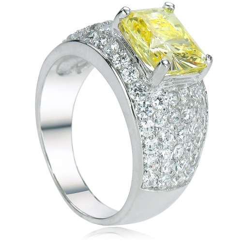 Durante 4 carat emerald radiant cut canary yellow lab grown diamond simulant cubic zirconia engagement ring in 14k white gold.