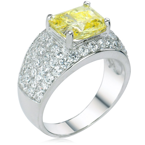 Durante 4 carat emerald radiant cut canary yellow lab grown diamond alternative cubic zirconia engagement ring in platinum.