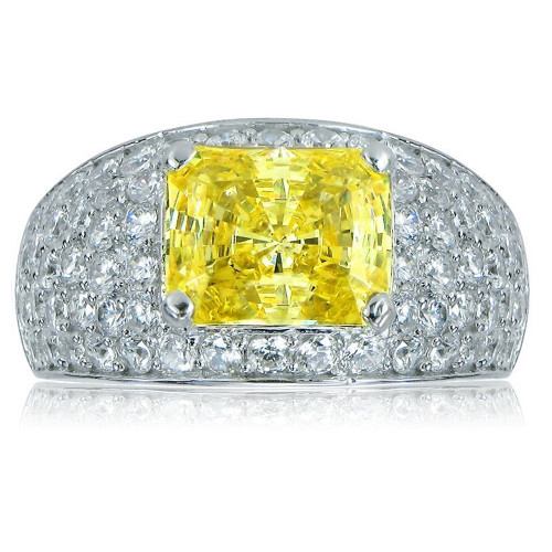 Durante 4 carat emerald radiant cut canary yellow lab grown diamond simulant cubic zirconia engagement ring in 14k white gold.