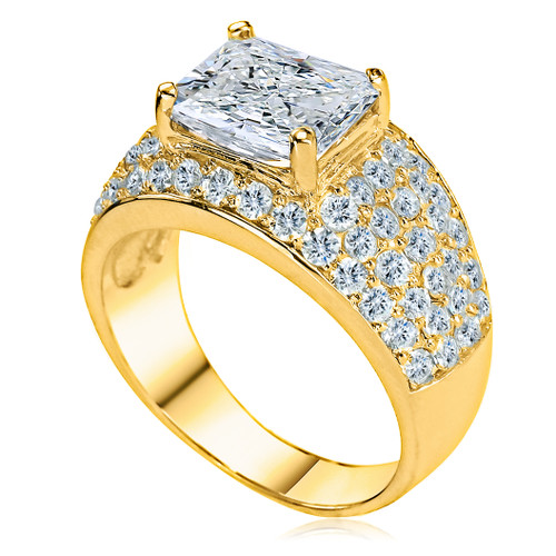 Durante 4 carat emerald radiant cut diamond look lab grown diamond simulant cubic zirconia engagement ring in 14k yellow gold.