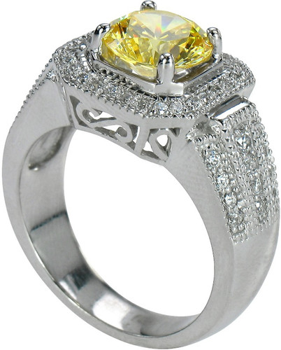Evita 2.5 carat round laboratory grown diamond alternative cubic zirconia halo pave set solitaire engagement ring in 14k white gold.