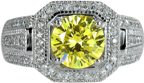 Evita 2.5 carat round lab grown diamond simulant cubic zirconia halo pave set solitaire engagement ring in platinum.