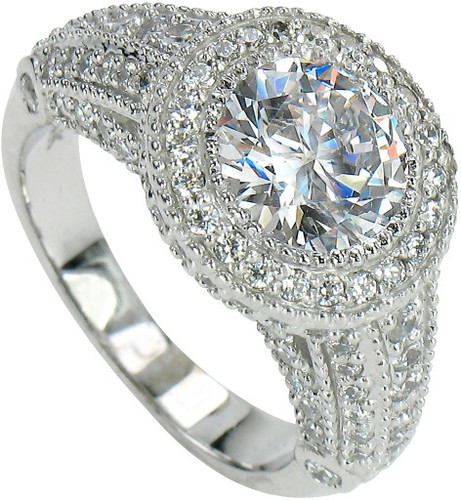 Round 2 Carat Halo Pave Solitaire Engagement Ring with Lab Grown Diamond Alternative Cubic Zirconia in 14K White Gold.
