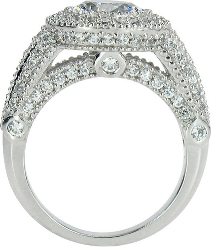 Round 2 Carat Halo Pave Encrusted Solitaire with Laboratory Grown Diamond Simulant Cubic Zirconia in Platinum.