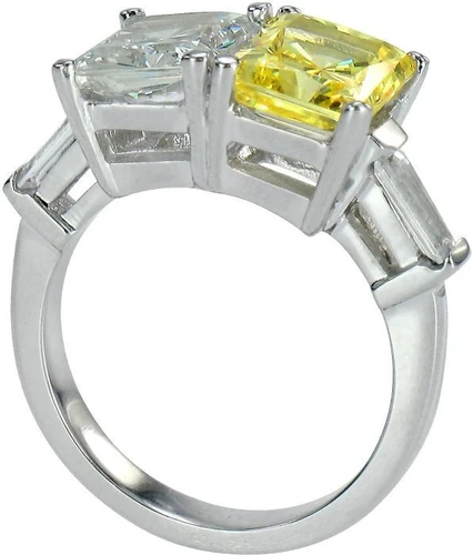 Emerald radiant cut 2.5 carat each lab grown diamond quality cubic zirconia baguette two stone bypass engagement ring in platinum.