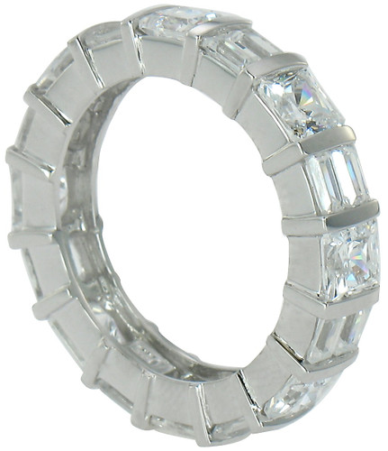 Double baguette and princess cut lab grown diamond quality cubic zirconia channel set eternity band in platinum.