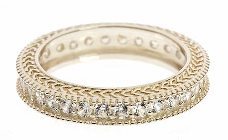 Pave set round laboratory grown diamond simulant cubic zirconia milgrain engraved eternity wedding band in 14k gold.