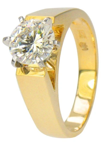 Francois 1.25 carat laboratory grown diamond simulant cubic zirconia round cathedral style solitaire engagement ring in 14k yellow gold.