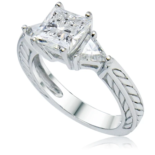 Constantine 1.5 carat princess cut and trillion lab grown diamond alternative cubic zirconia engraved estate solitaire in platinum.