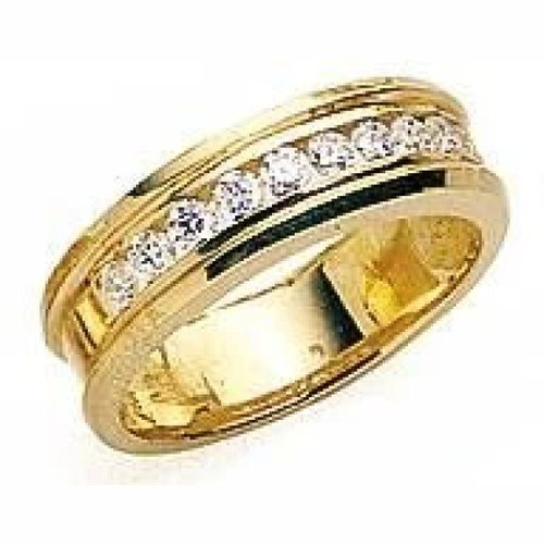 Leoni Unisex Channel Set Round Pipe Band Wedding Ring with simulated lab created diamond quality cubic zirconia in 14k yellow gold.