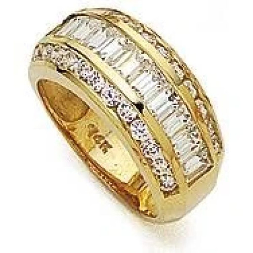 Three row channel set baguette and round laboratory grown diamond simulant cubic zirconia wide wedding band in 14k yellow gold.