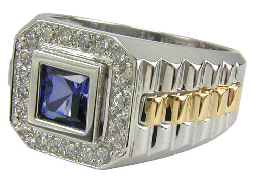 Aristocrat Princess Cut Bezel Set Pave Mens Ring with lab grown diamond alternative cubic zirconia in 14k two tone gold.