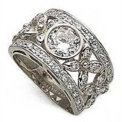 Art Deco 1.5 Carat Round Bezel Set Pave Estate Band with lab grown diamond quality cubic zirconia in 14k white gold.