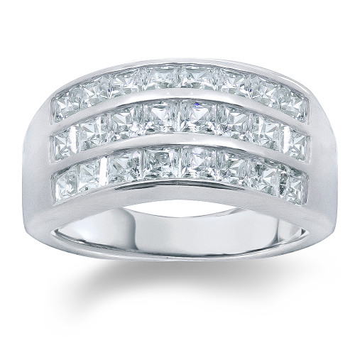 Three row channel set princess cut lab grown diamond quality cubic zirconia band in 14k white gold.