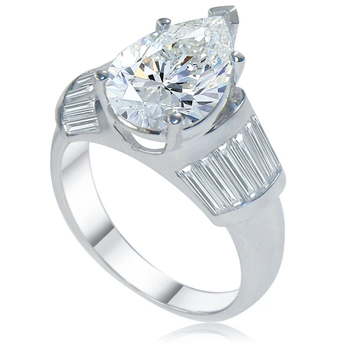 Primalia 3 carat pear shape pear and channel set baguette lab grown diamond alternative cubic zirconia solitaire engagement ring in 14k white gold.