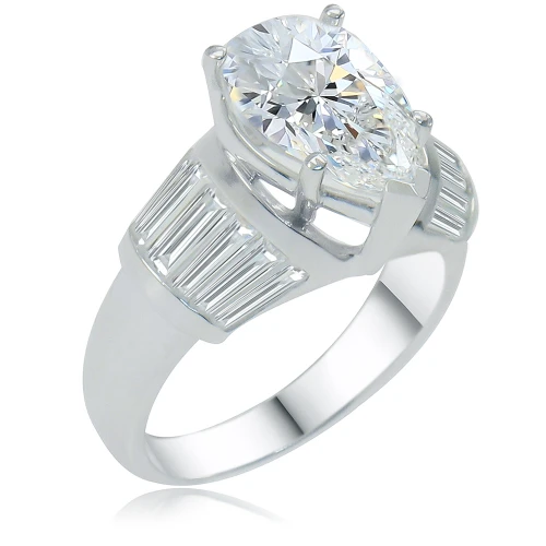 Primalia 3 carat pear shape pear and channel set baguette lab grown diamond quality cubic zirconia solitaire engagement ring in 14k white gold.
