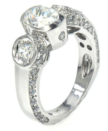 Valliant 1 carat semi bezel set oval round and pave lab grown diamond alternative cubic zirconia solitaire engagement ring in 14k white gold.