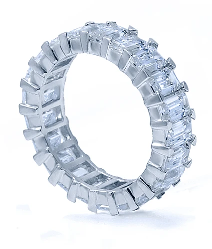 Sinclair .50 carat each emerald cut lab grown diamond quality cubic zirconia eternity band in platinum.