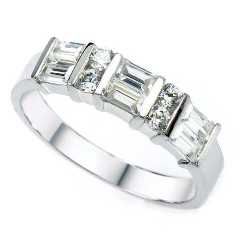 Double round and baguette channel set lab grown diamond alternative cubic zirconia anniversary band in 14k white gold.