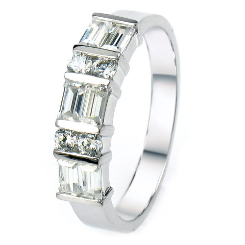 Double round and baguette channel set lab grown diamond alternative cubic zirconia anniversary band in 14k white gold.