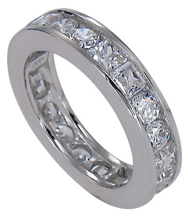 Princess cut and round lab grown diamond quality cubic zirconia alternating channel set eternity band in 14k gold and platinum.