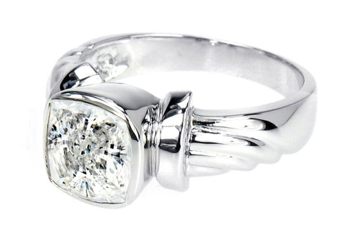 Bezel Cushion 2.5 Carat Ribbed Solitaire with lab grown diamond simulant cubic zirconia in 14k white gold.