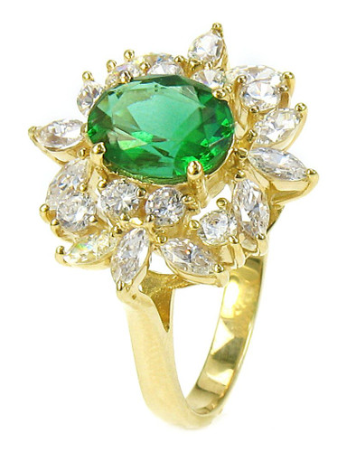 Emerald green 1.5 carat oval man made gemstone marquise and round lab grown diamond quality cubic zirconia cluster ring in 14k yellow gold.