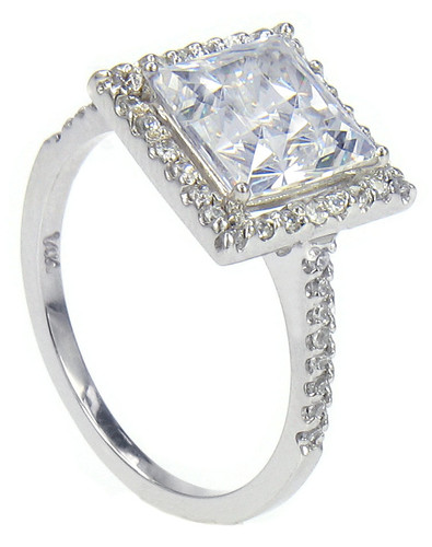 LaRue 1.5 carat princess cut square laboratory grown diamond alternative cubic zirconia pave set round halo solitaire engagement ring in 14k white gold.